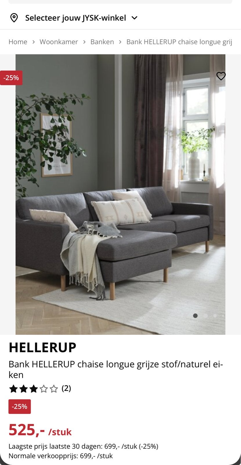 JYSK HELLERUP 3-zitsbank met chaise longue, Ophalen, 250 tot 300 cm, Gebruikt, 125 tot 150 cm