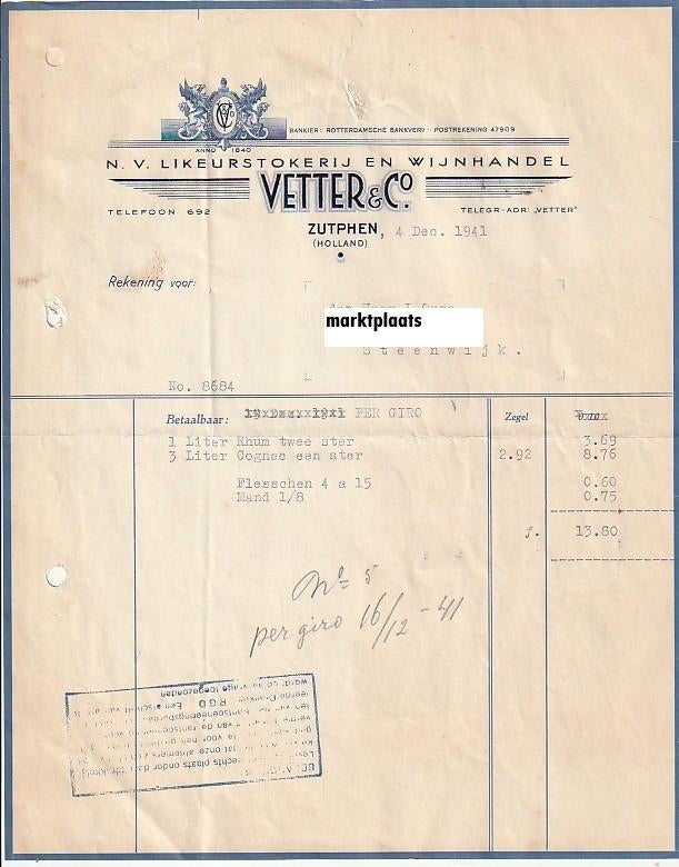 Zutphen Vetter likeurstokerij factuur 1941 gedistilleerd, Ophalen of Verzenden, Zo goed als nieuw, Overige typen