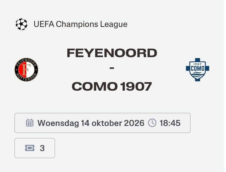 TE KOOP | 3x | tickets | kaarten | Feyenoord - Como 1907 |CL, Losse kaart, Drie personen of meer, Oktober, Europa of Champions League