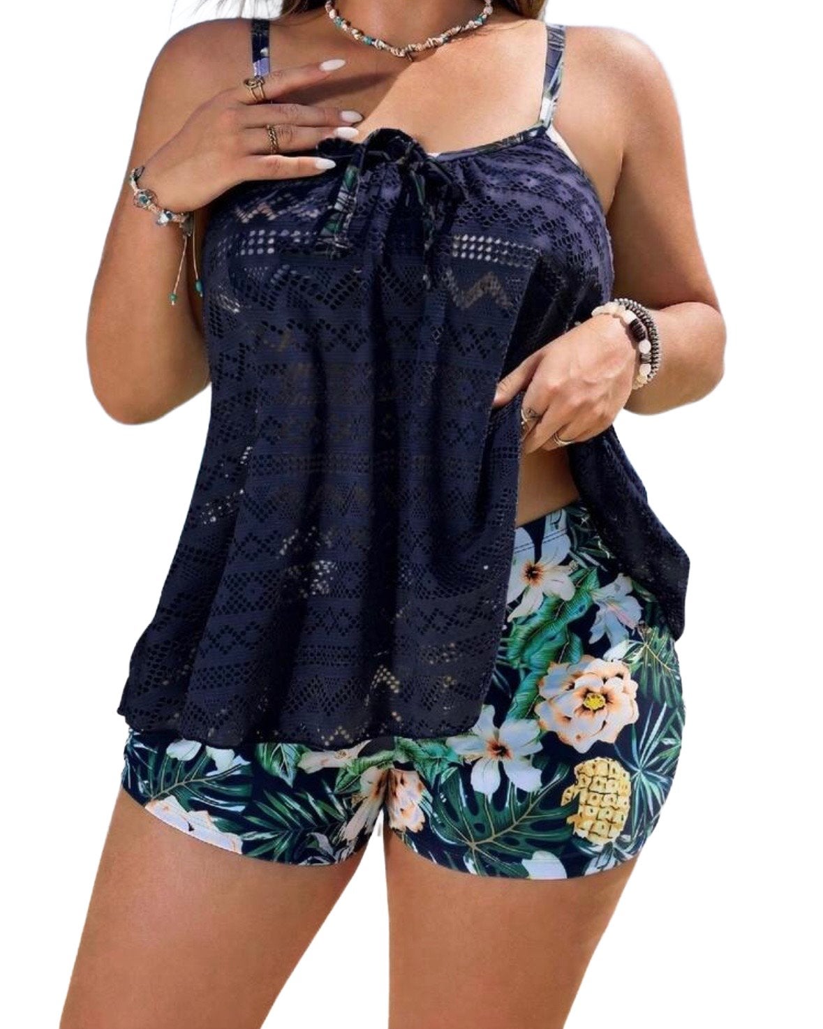 Tankini set met shorts - Donkerblauw en bloemenprint (44-52), Verzenden, Nieuw, Blauw, Lingerie of Zwemkleding