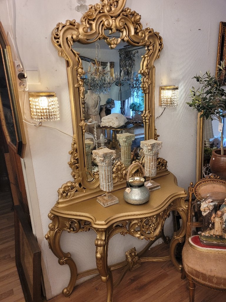 Antieke vol houten spiegel met sidetable, Ophalen