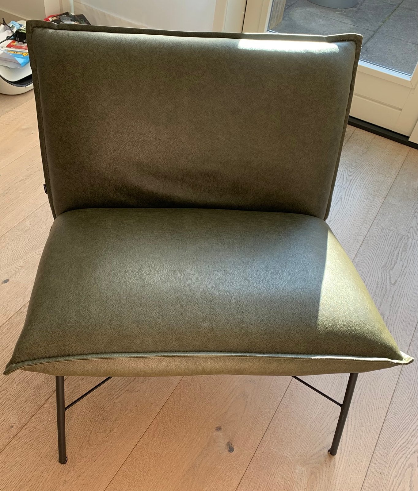 Groene leerlook fauteuil, Huis en Inrichting, Ophalen, Gebruikt, Minder dan 75 cm, 75 tot 100 cm