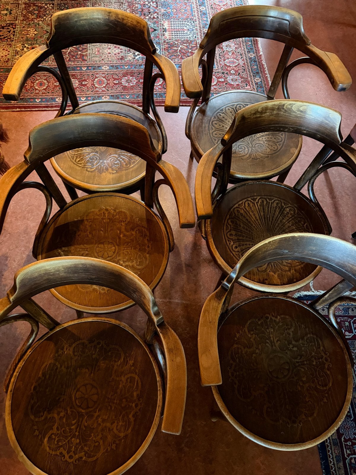 Set van 6 antieke Thonet stoelen met armleuningen, Ophalen