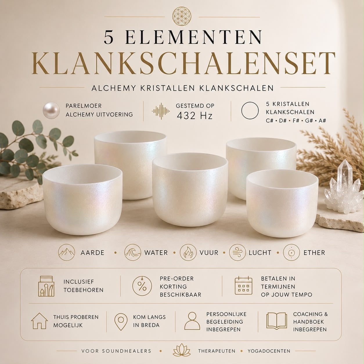 Kristallen Klankschalen Set (Showmodel) met Tassen, Muziek en Instrumenten, -, -, Ophalen of Verzenden, Zo goed als nieuw