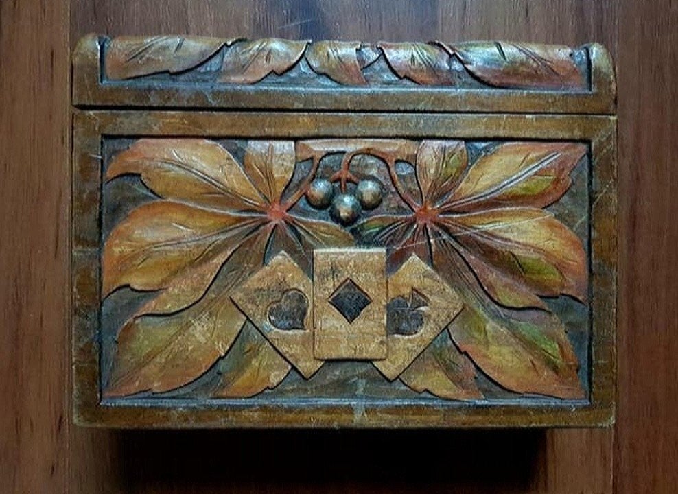 Brocante houten kaartspel kistje doosje met houtsnijwerk, Ophalen of Verzenden