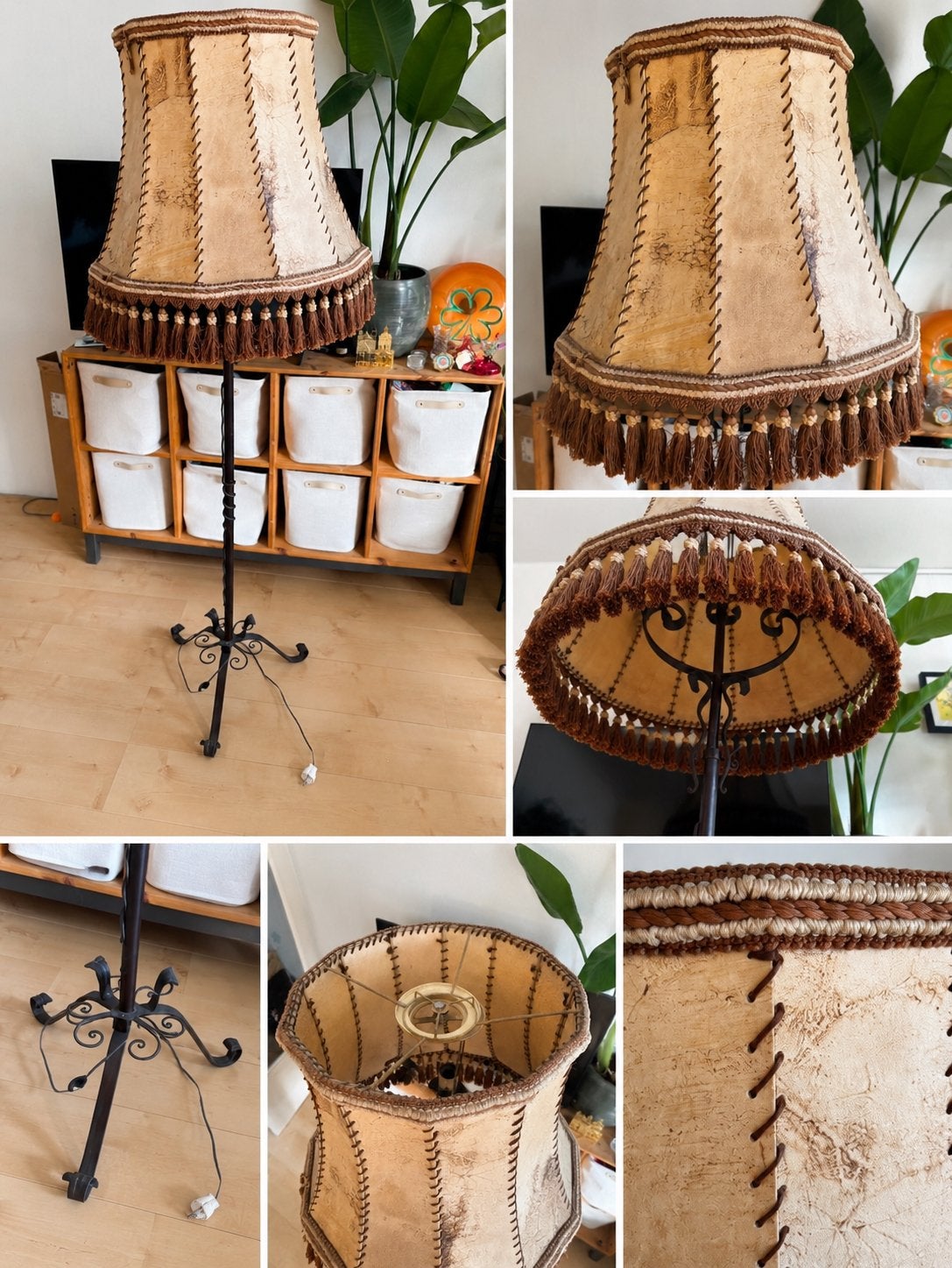 Vintage vloerlamp met houten kap, Ophalen, Gebruikt, Bruin, Rond