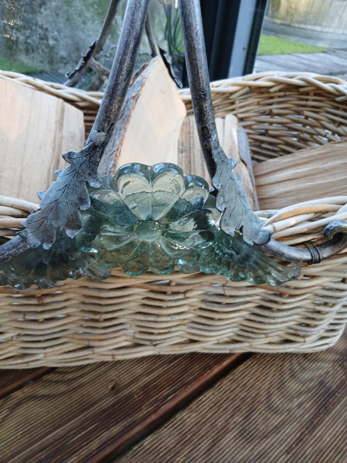 Prachtige rieten mand met bladeren motieven 62x40cm, Ophalen, Gebruikt, Beige, Landelijk