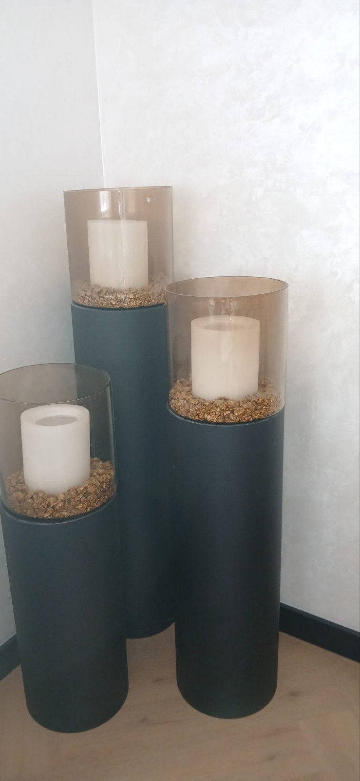 Set van 3 moderne windlichten - Zwart/Brons, Windlicht, Gebruikt, Zwart, Ophalen of Verzenden