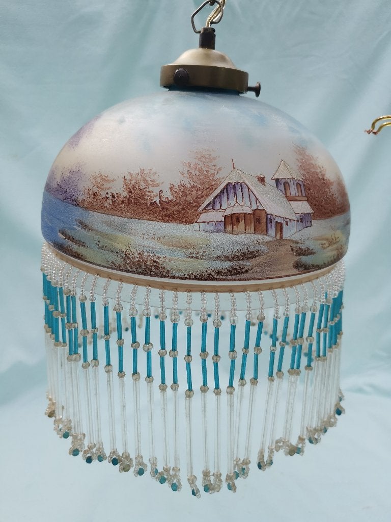 Vintage Art Nouveau lamp Hanglamp met Kralenrand, Ophalen of Verzenden