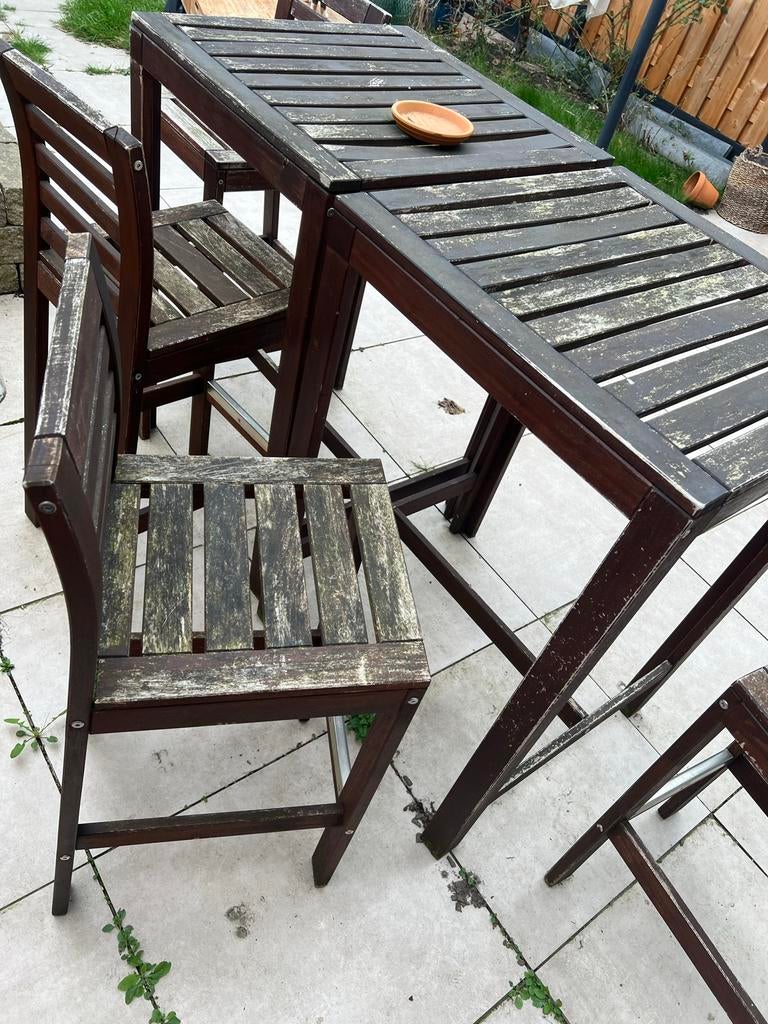 Hoge tuin-/barset met 4 stoelen en 2 tafels, Tuin en Terras, Tuinsets en Loungesets, Ophalen, 4 zitplaatsen, Gebruikt, Stoel