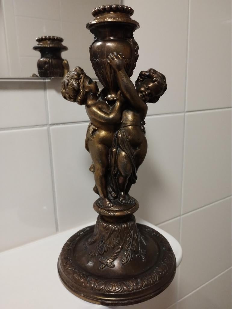 Antiek bronze gilded Louis de XVI stijl putti kandelaar, Antiek en Kunst, Ophalen of Verzenden, Koper of Brons