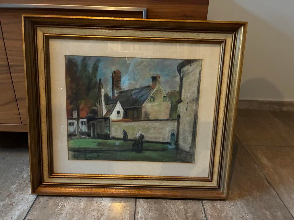 Piet van wijngaerdt Schilderij: Dorpsgezicht met Figuren, Antiek en Kunst, Kunst | Schilderijen | Klassiek, Ophalen