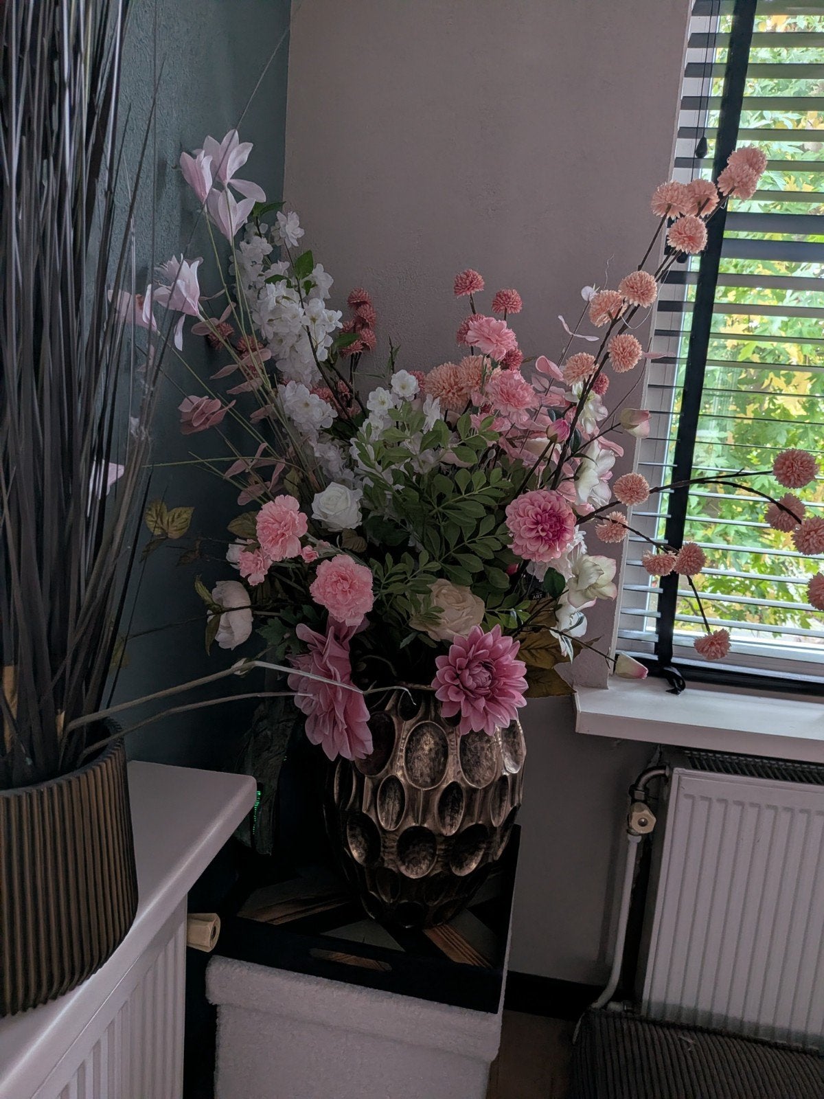 Luxe kunstboeket met roze & perzik bloemen + vaas, Ophalen, Binnen, ., Kunstbloem