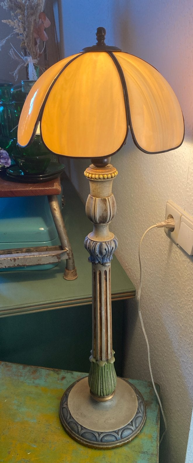Vintage Tafellamp met Amberkleurige Glazen Kap, Antiek en Kunst, Ophalen of Verzenden
