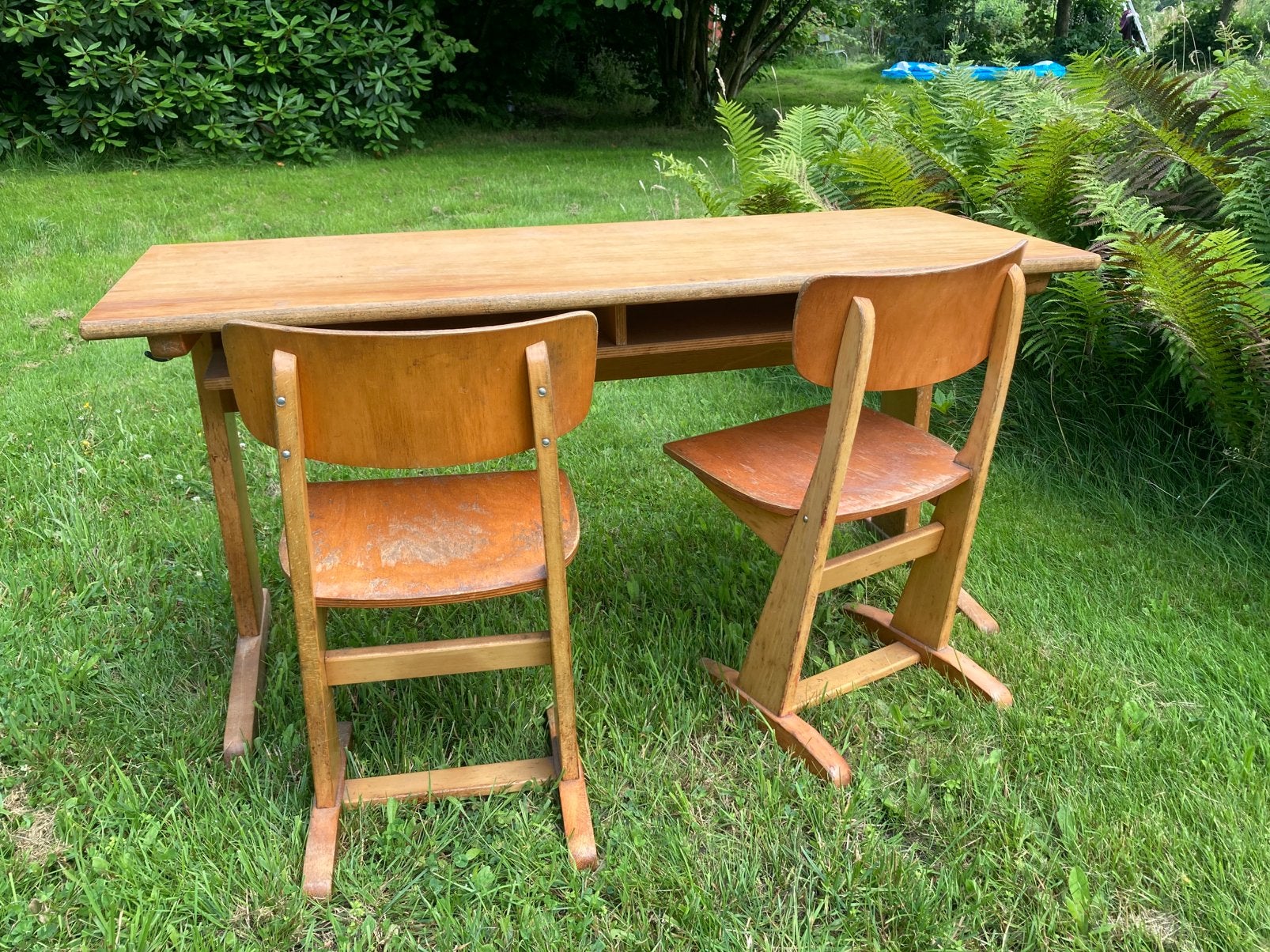 Prachtig vintage houten tweepersoons kinderbureau, Huis en Inrichting, Ophalen, Gebruikt