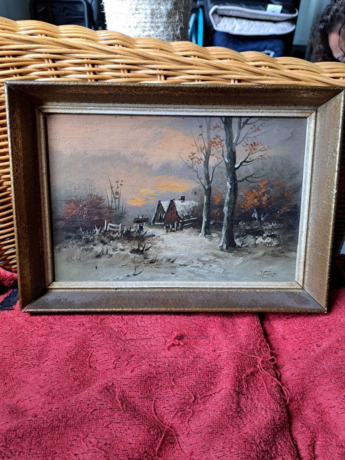 Schilderij Winterlandschap met Huisjes - Gesigneerd, Paneel, Realistisch, Ophalen of Verzenden, Landschap
