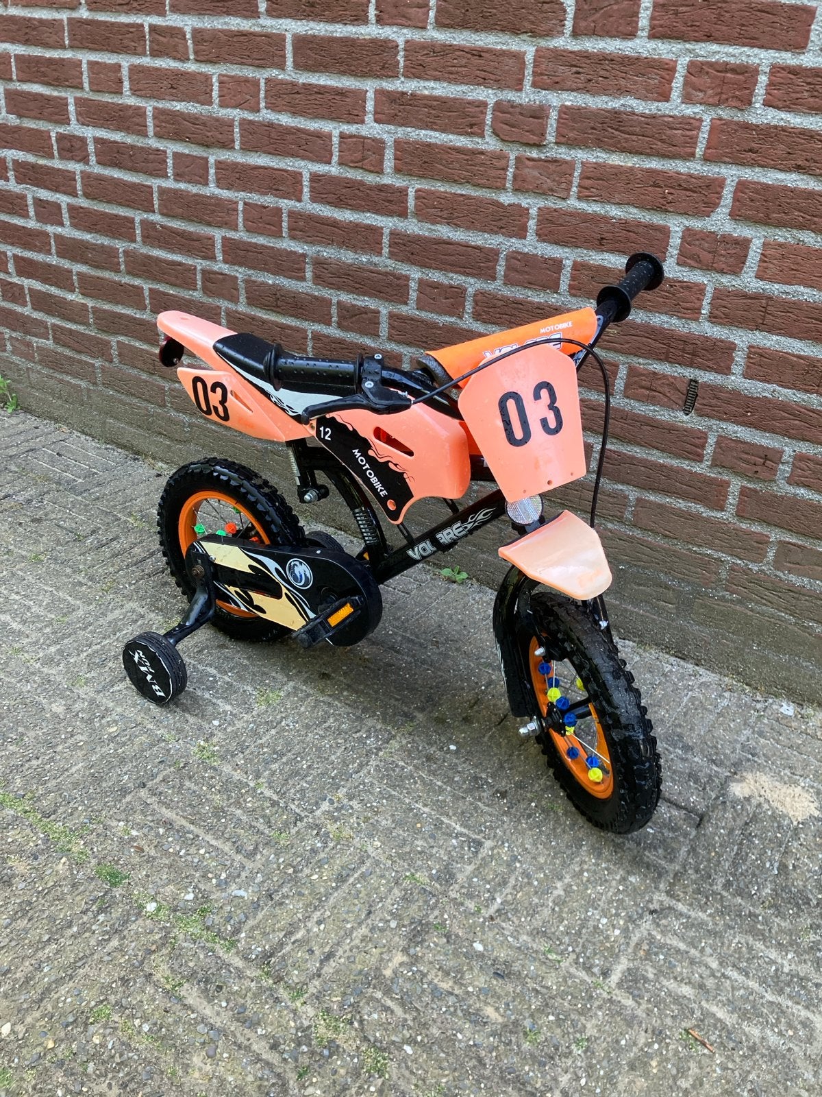 Kinderfiets Motocross Stijl met Zijwieltjes, Ophalen, Terugtraprem, Zijwieltjes, 16 tot 20 inch