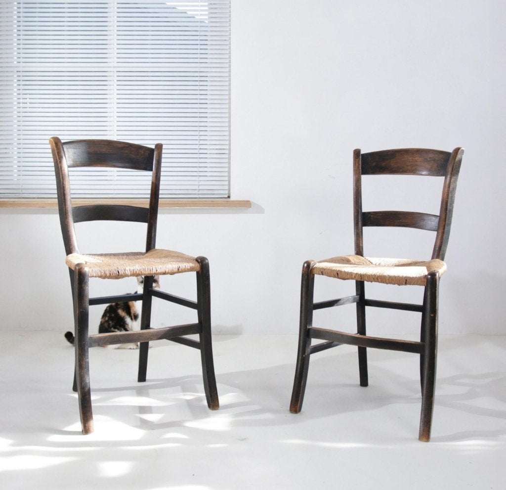 Set van 2 landelijke Franse stoelen met biezen zitting, Ophalen, Gebruikt, Twee, Zwart