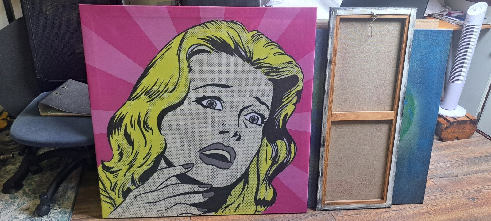 Pop Art Schilderij: Vrouw met Geschrokken Uitdrukking, Antiek en Kunst, Kunst | Schilderijen | Modern, Ophalen, Figuren, Op houten frame
