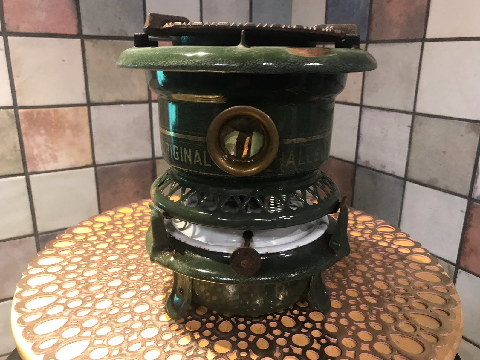 Original Haller,1 pits petroleumstel,groen met gouden bies, Ophalen of Verzenden