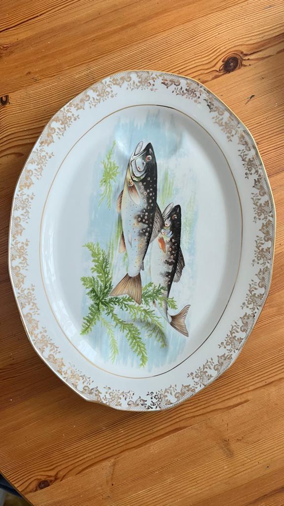 Vintage ovale visschotel Limoges met goudkleurige rand, Ophalen