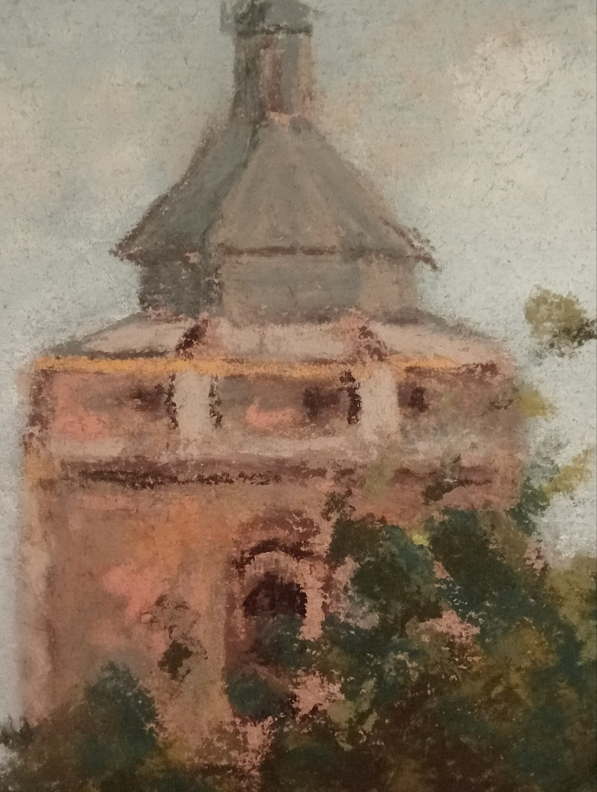 Hofje 20e eeuw pastelkrijt gesigneerd, Antiek en Kunst, Ophalen of Verzenden