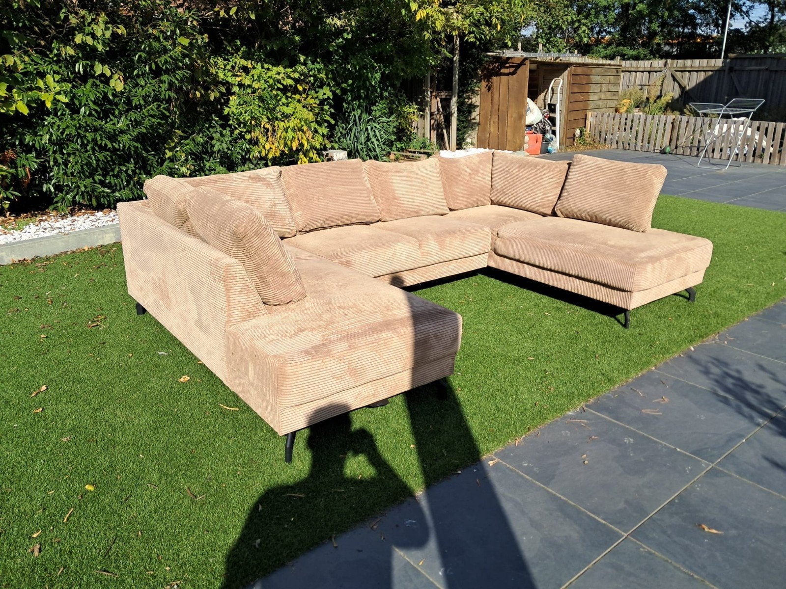Luxe grote hoekbank – beige ribstof, Hoekbank, Ophalen of Verzenden, 300 cm of meer, Nieuw