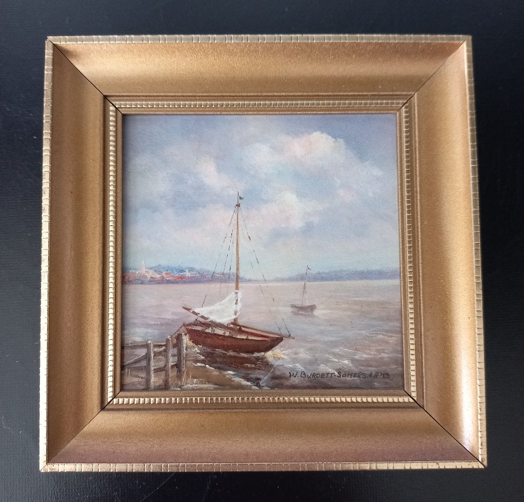 Twee miniaturen, olieverf op koper, W.M. Burdett-Somers, Antiek en Kunst, Ophalen, Maritiem / water, Realistisch, Metaal