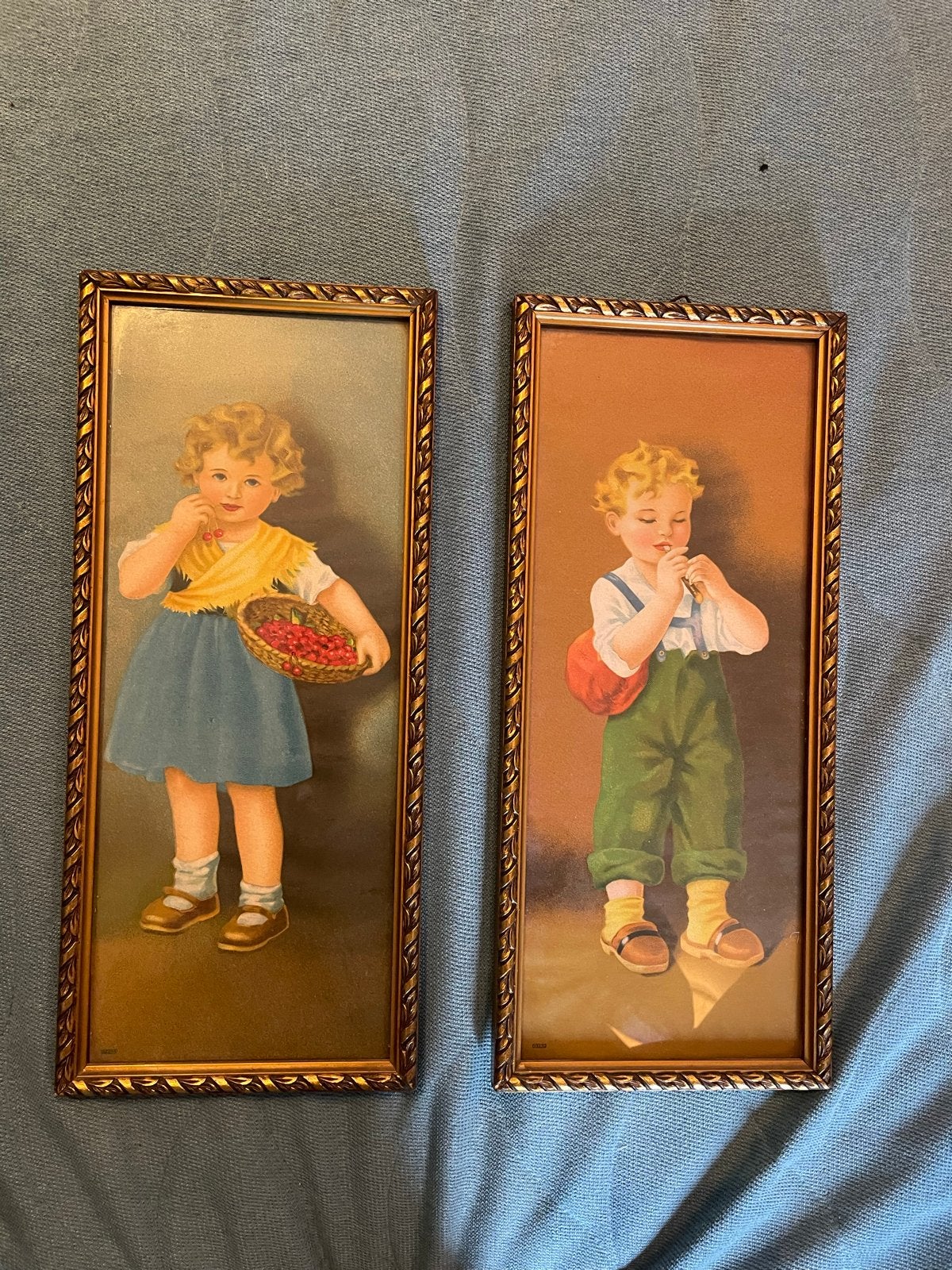 Twee Vintage Portretten Meisje en Jongetje in Vergulde Lijst, Ophalen of Verzenden