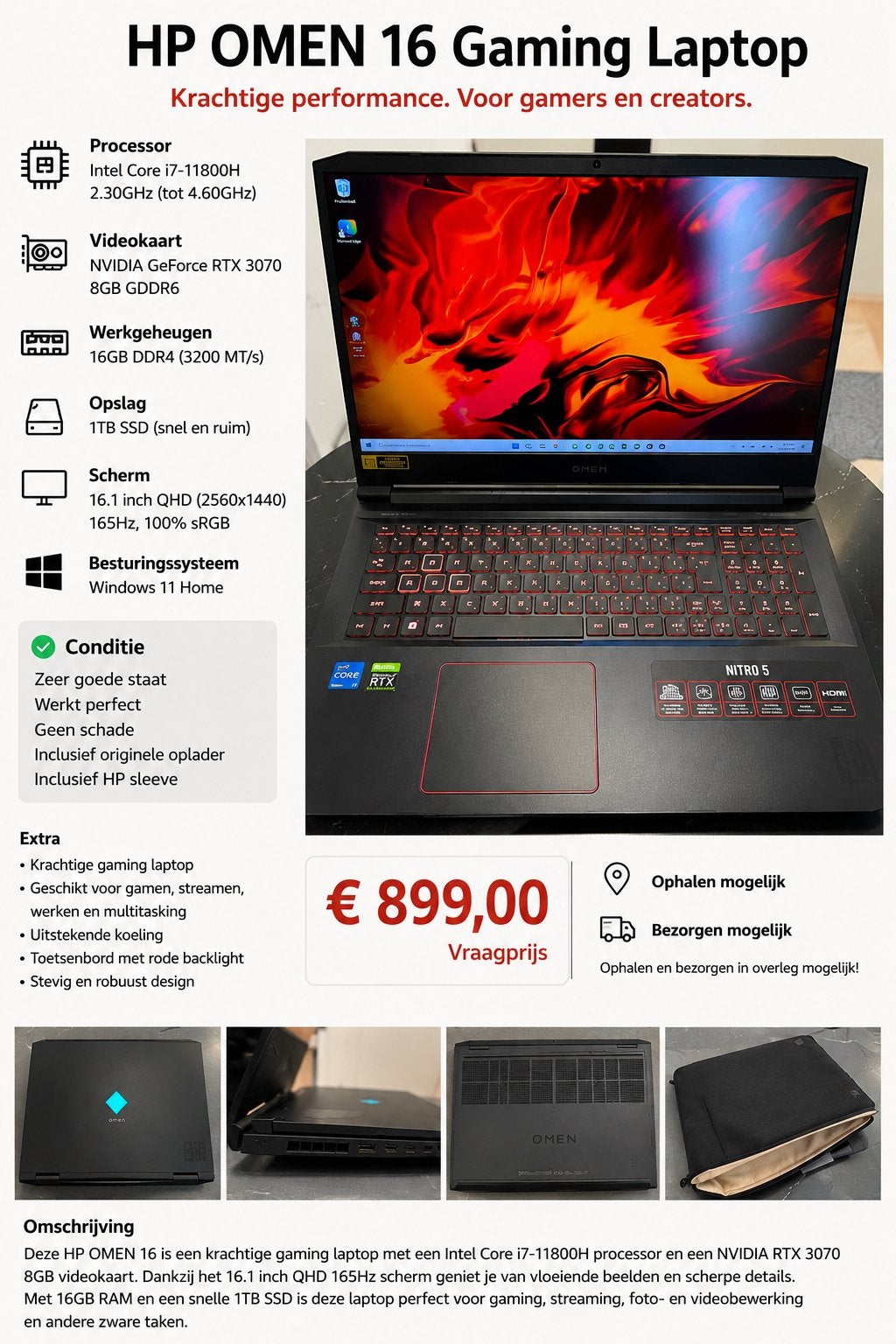 HP OMEN 16 RTX 3070 8GB i7-11800H 16GB RAM 1TB SSD QHD, Ophalen of Verzenden, Zo goed als nieuw, Gaming, 4 Ghz of meer