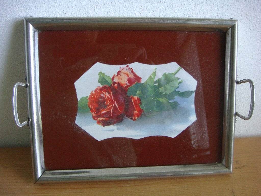 Ouderwets dienblaadje met glas, Met opstaande rand, Gebruikt, Ophalen of Verzenden, Dienblad