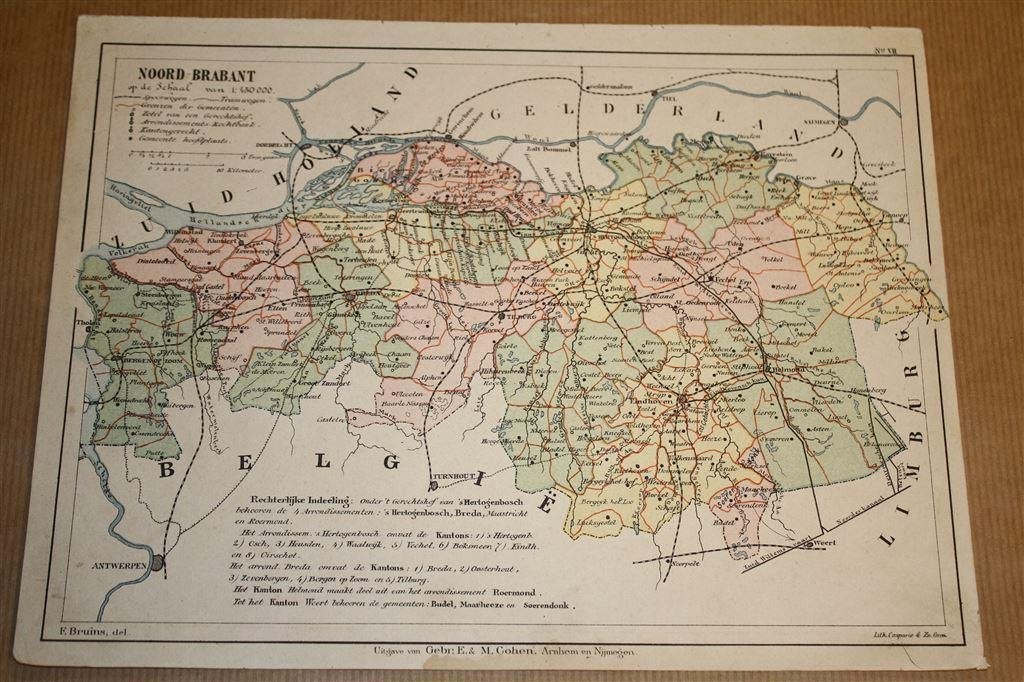 Antieke provinciekaart - Noord-Brabant - Bruins 1895 !!, Boeken, Atlassen en Landkaarten, Gelezen, Ophalen of Verzenden, Landkaart