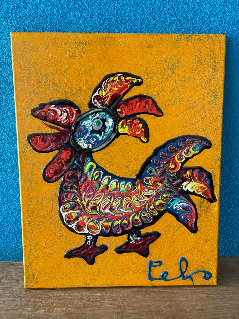 Peko haan schilderij geel, Ophalen