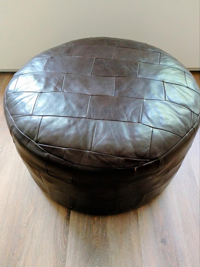 Retro vintage leren poef, Ophalen, Rond, Minder dan 50 cm, Minder dan 50 cm