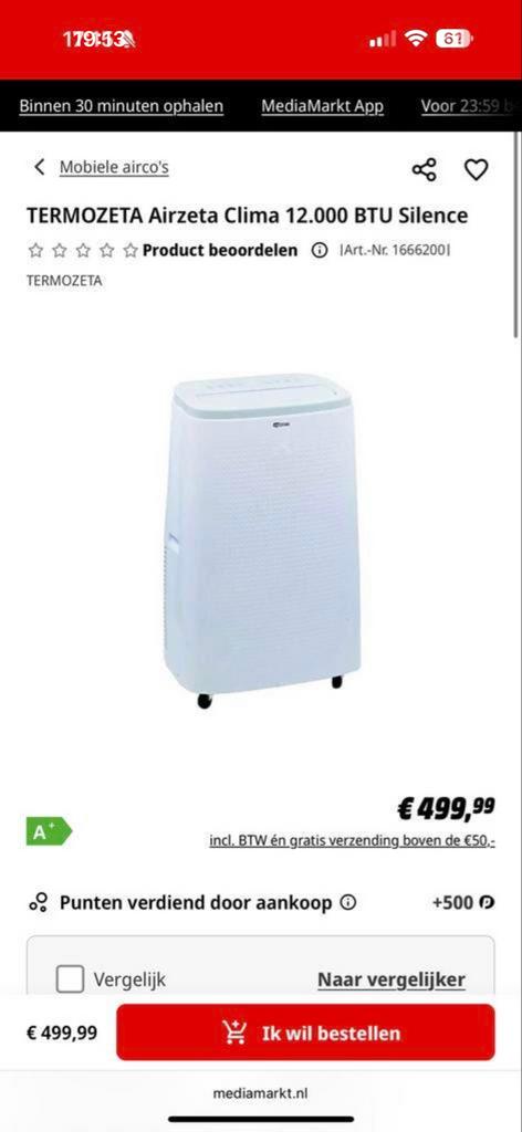 TERMOZETA Airzeta Clima 12.000 BTU Silence Mobiele Airco, Witgoed en Apparatuur, Airco's, Ophalen, 3 snelheden of meer, Zo goed als nieuw