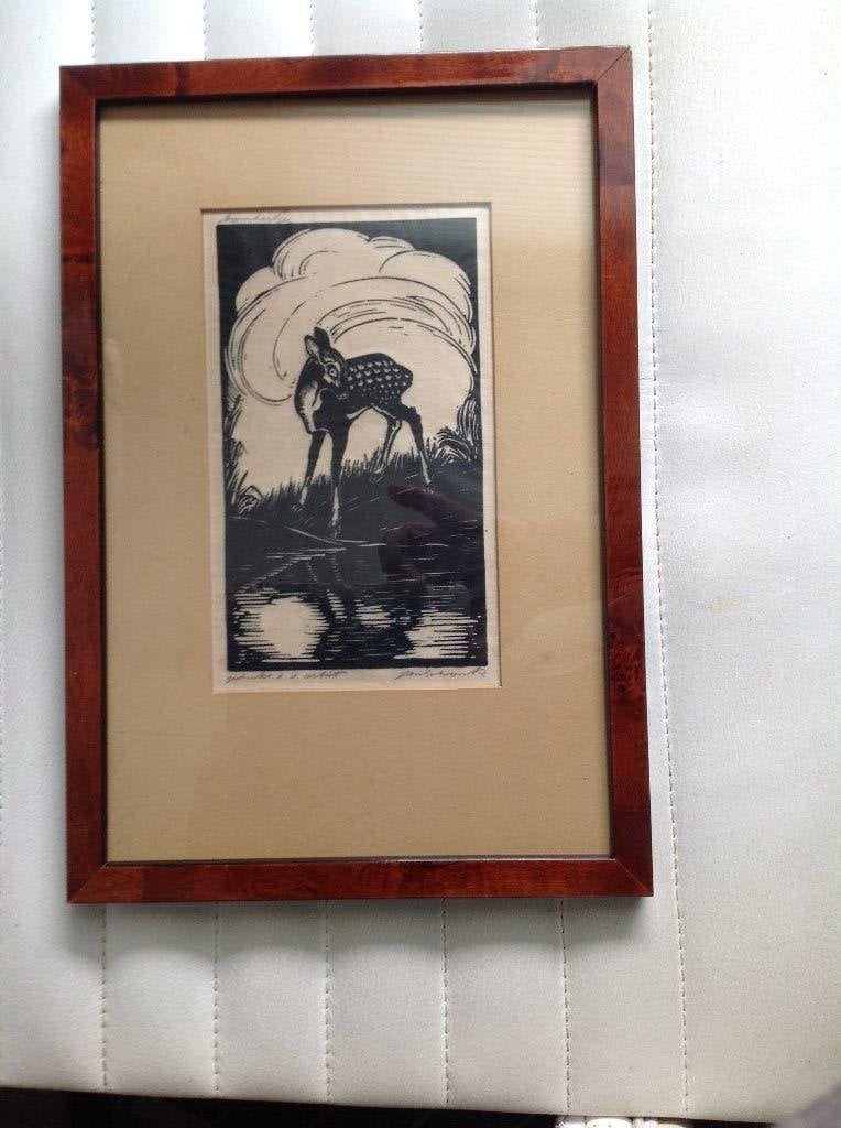 werk van Jan Schonk " Damhertje", Antiek en Kunst, Ets, 22 cm, Ophalen of Verzenden, Flora en Fauna