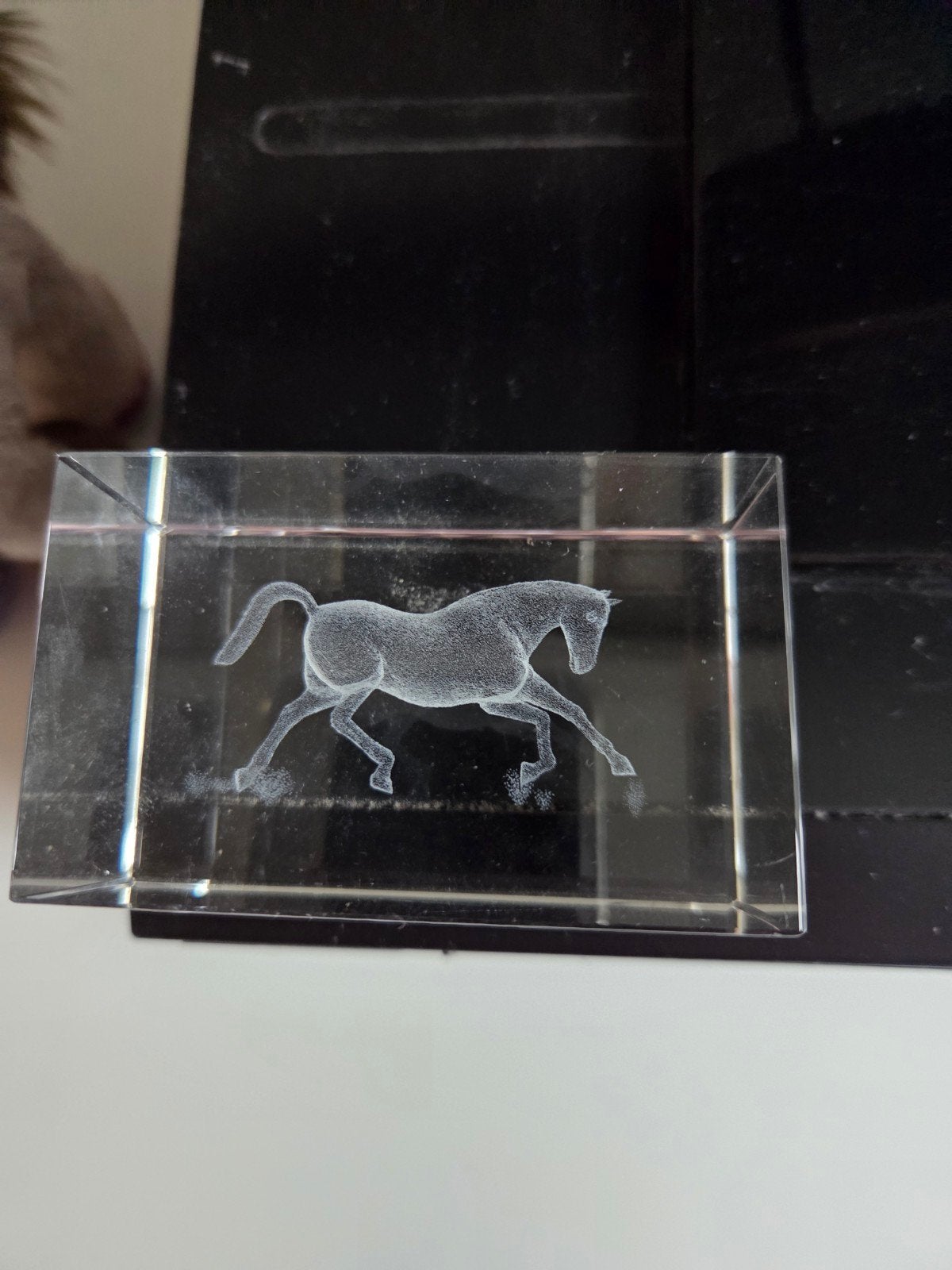 Glazen kubus met 3D paard laser gravure, Ophalen of Verzenden