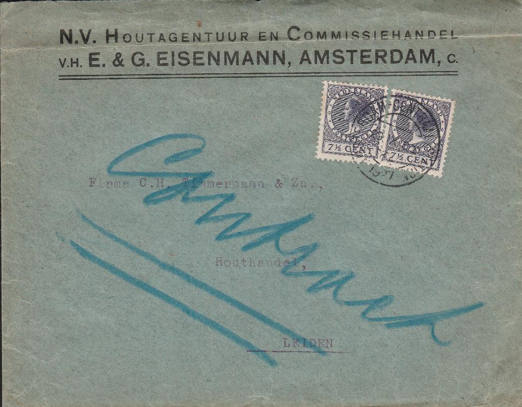 AMSTERDAM 1927 nv Houtagentuur  Commissie E &G EISENMANN, Verzenden, 1920 tot 1940, Gelopen, Noord-Holland