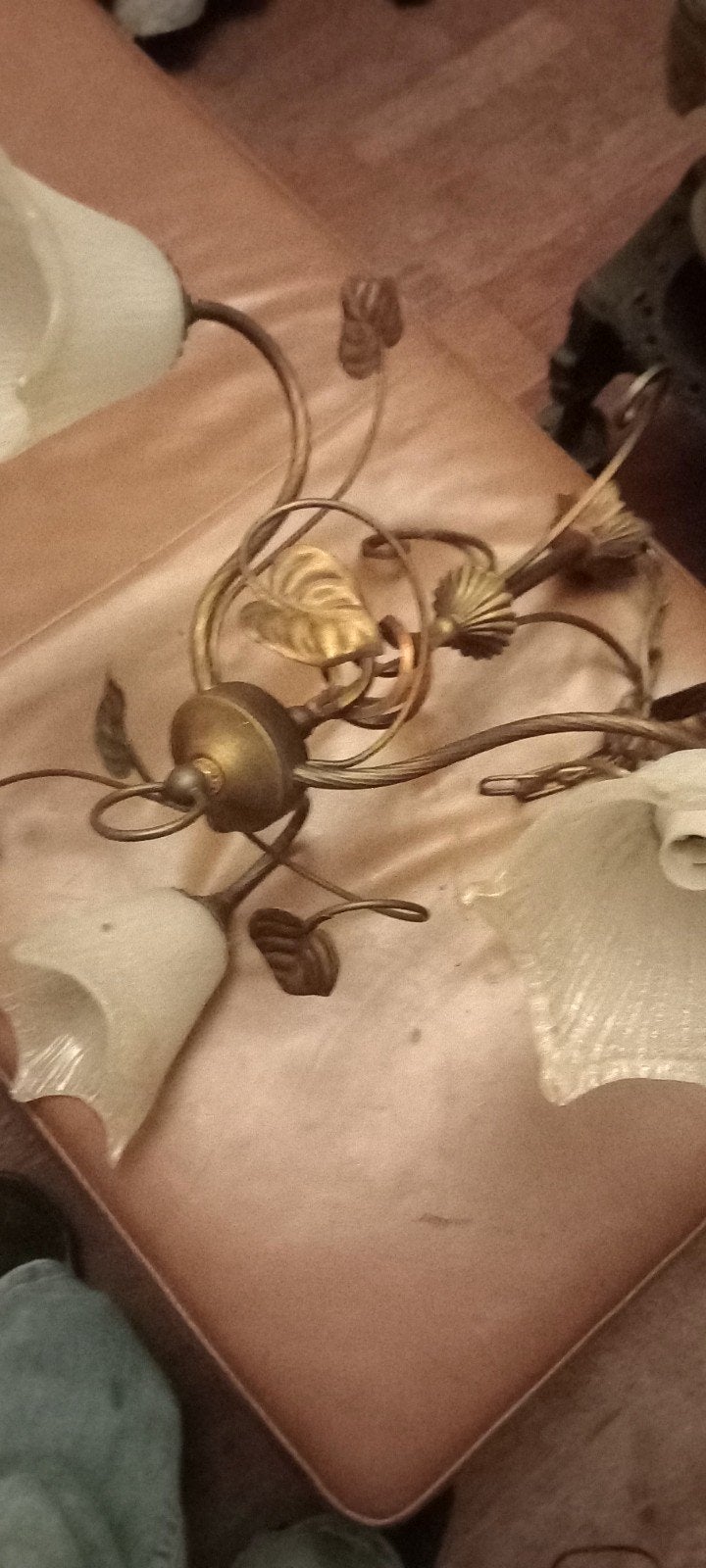 Vintage Kroonluchter met 5 Lichtpunten - Brons/Glas, Antiek en Kunst, Ophalen of Verzenden