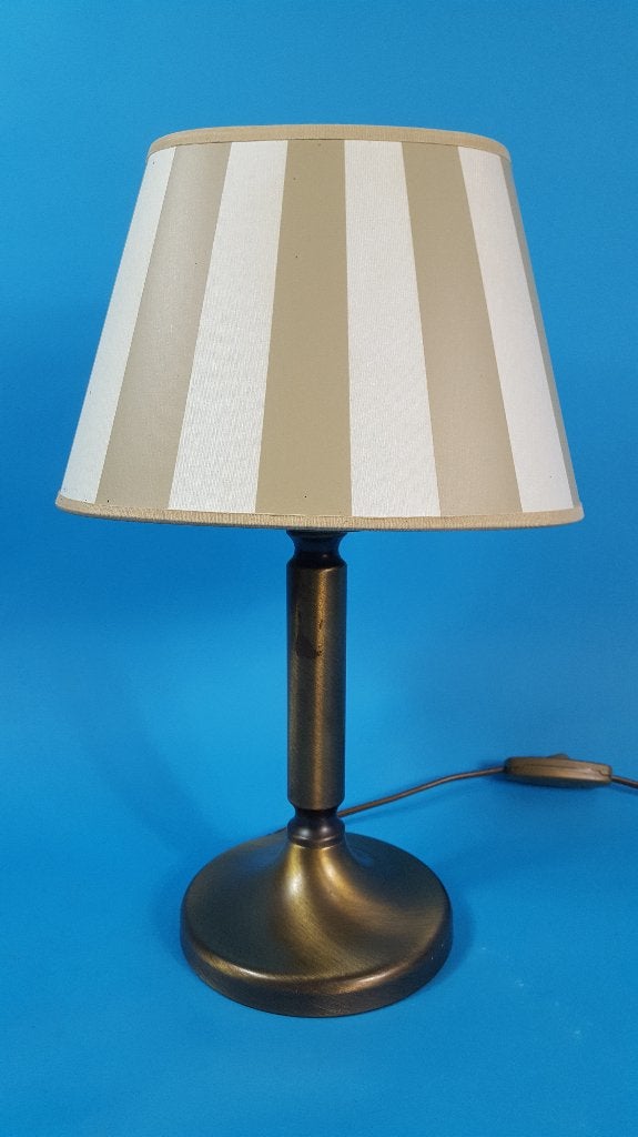 Brocante tafellamp, bronzen voet, gestreepte kap. S4, Tweedehands verkoop, Tweedehands verkoop, Gebruikt, Ophalen of Verzenden