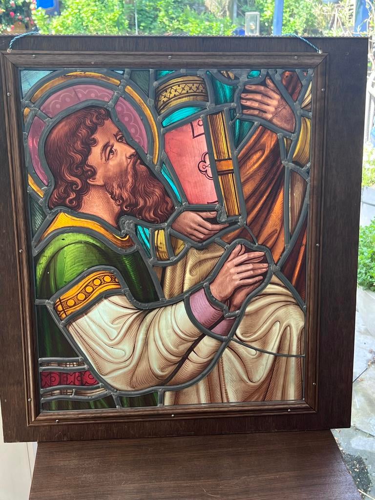 Antiek 19e eeuws neo gotisch kerk glas in loodraam, Ophalen of Verzenden