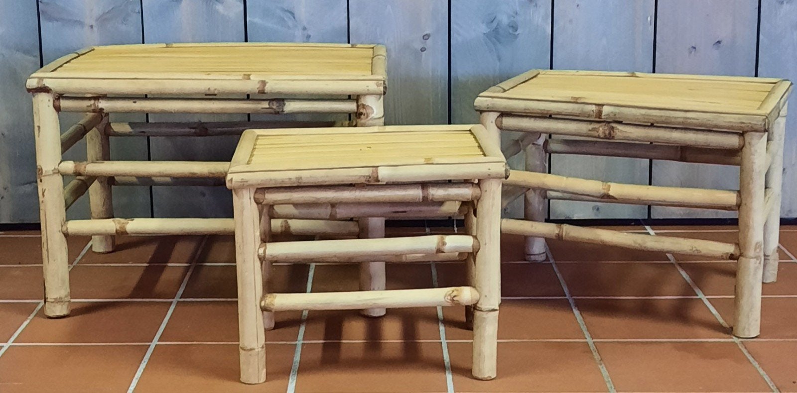 Set van 3 bamboe bijzettafels - showroommodel, Ophalen, Zo goed als nieuw, Rechthoekig, Hout