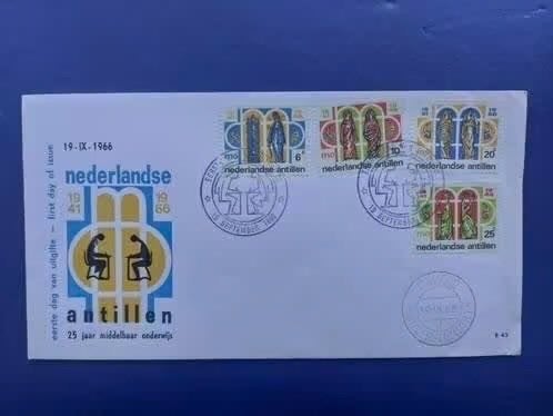 Postzegel NL Ned Antillen 1966 FDC 43 Middelbaar Onderwijs, Ophalen of Verzenden, Gestempeld