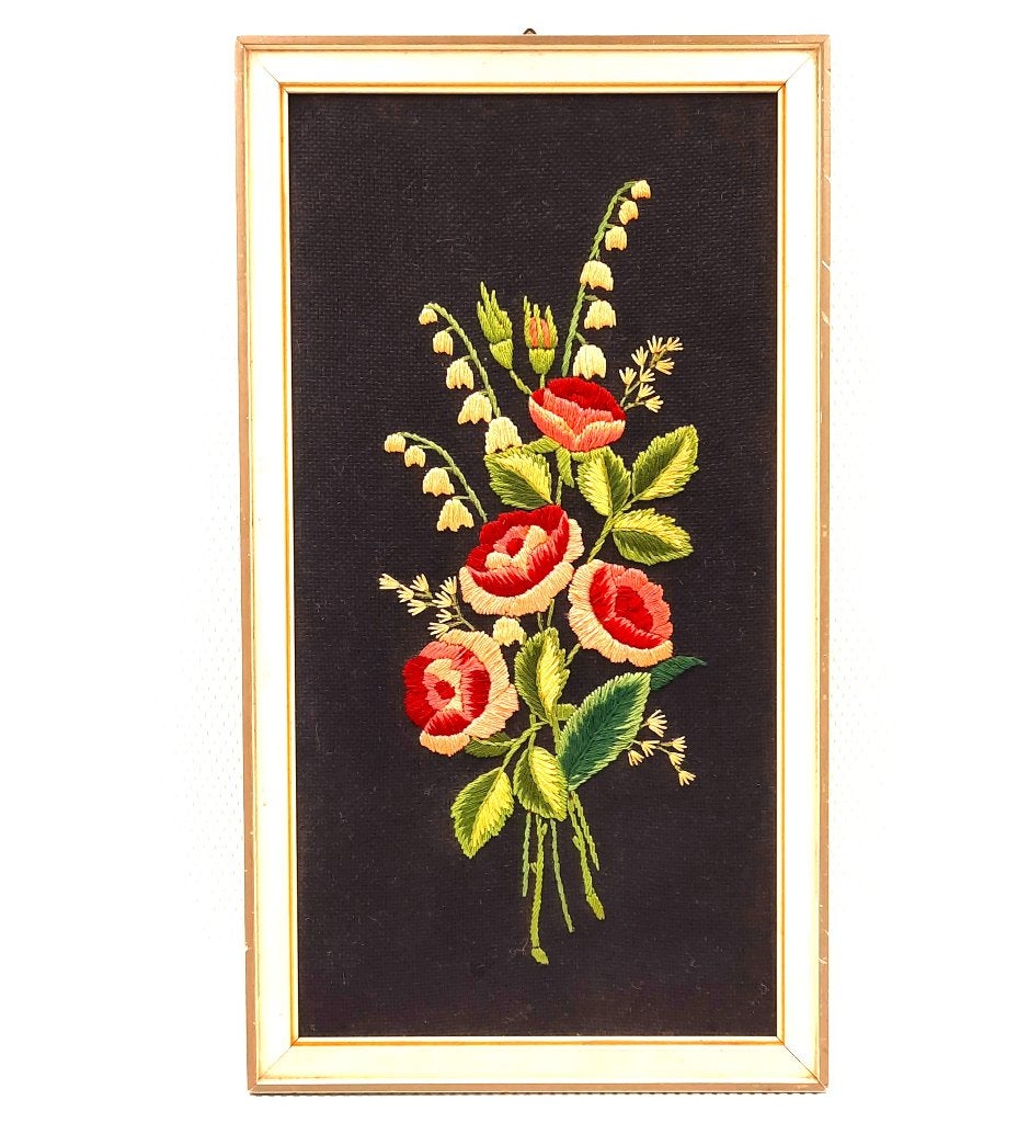 Vintage borduurwerk Bloemen op Zwarte achtergrond, Ophalen of Verzenden, Huis en Inrichting