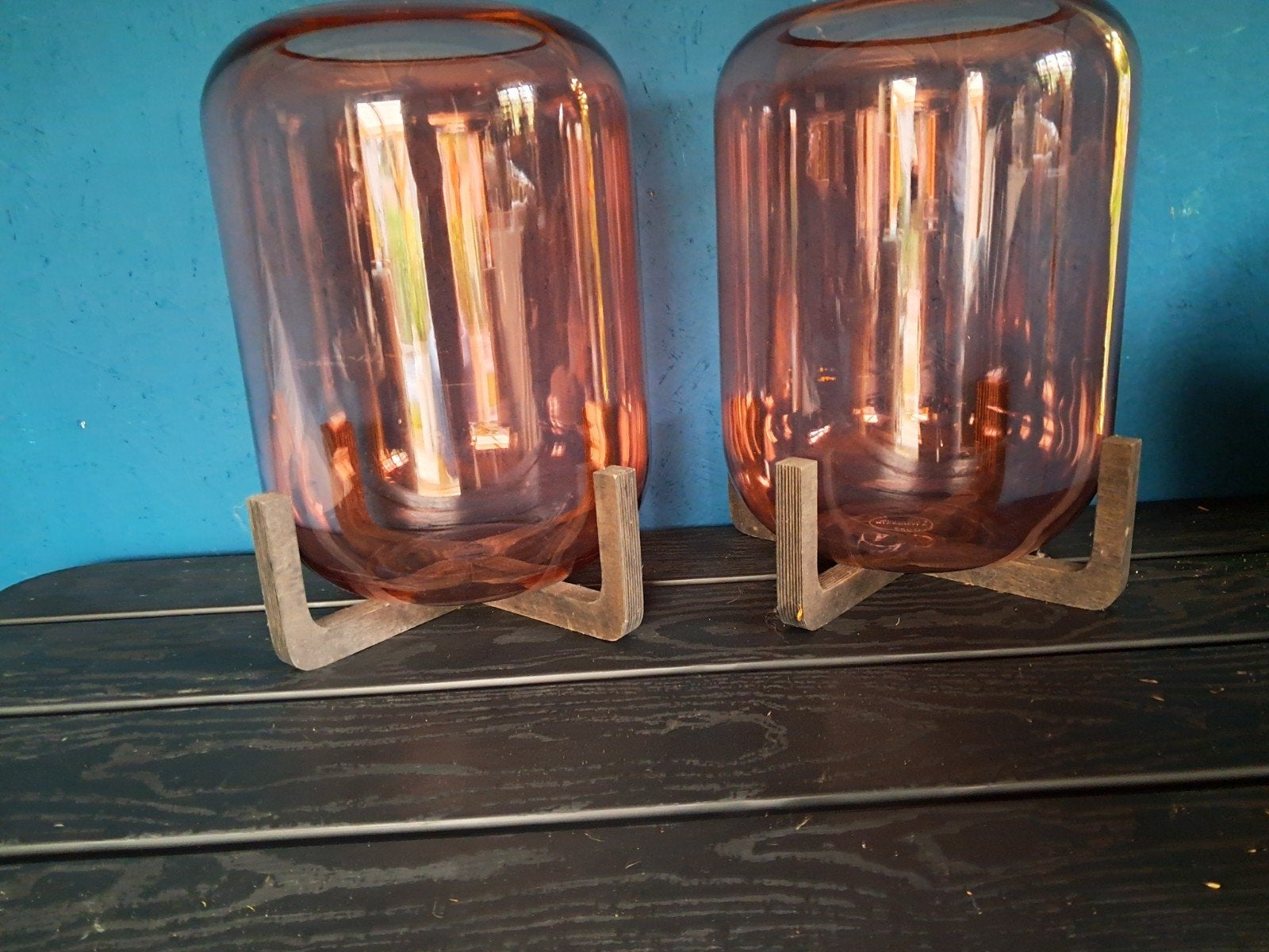 Riverdale Vazen op Houten Voet - Set van 2, Ophalen, Roze, Geschikt voor droogbloemen, Glas