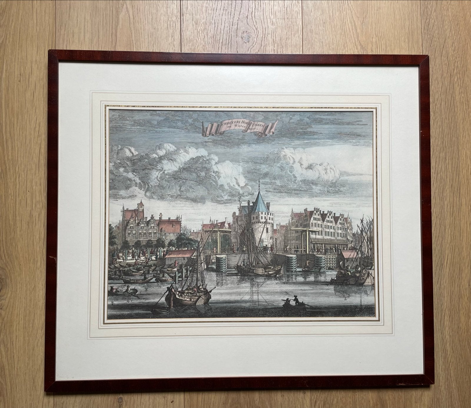 Antieke handgekleurde gravure: Schreyers Hoek Toren A’dam, Antiek en Kunst, Kunst | Etsen en Gravures, Ophalen, Handgekleurd, Stadsgezicht