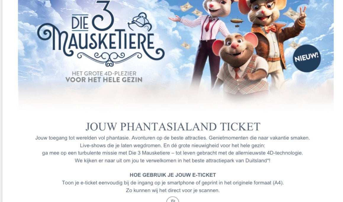 Kaartje phantasialand 28 juni, Eén persoon, Ticket of Toegangskaart
