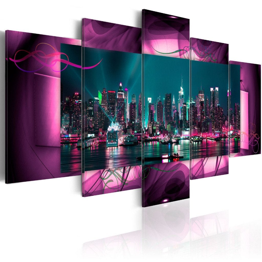 823 Abstract Paars New York 5 Luik Canvas Schilderij 200x100, Ophalen of Verzenden