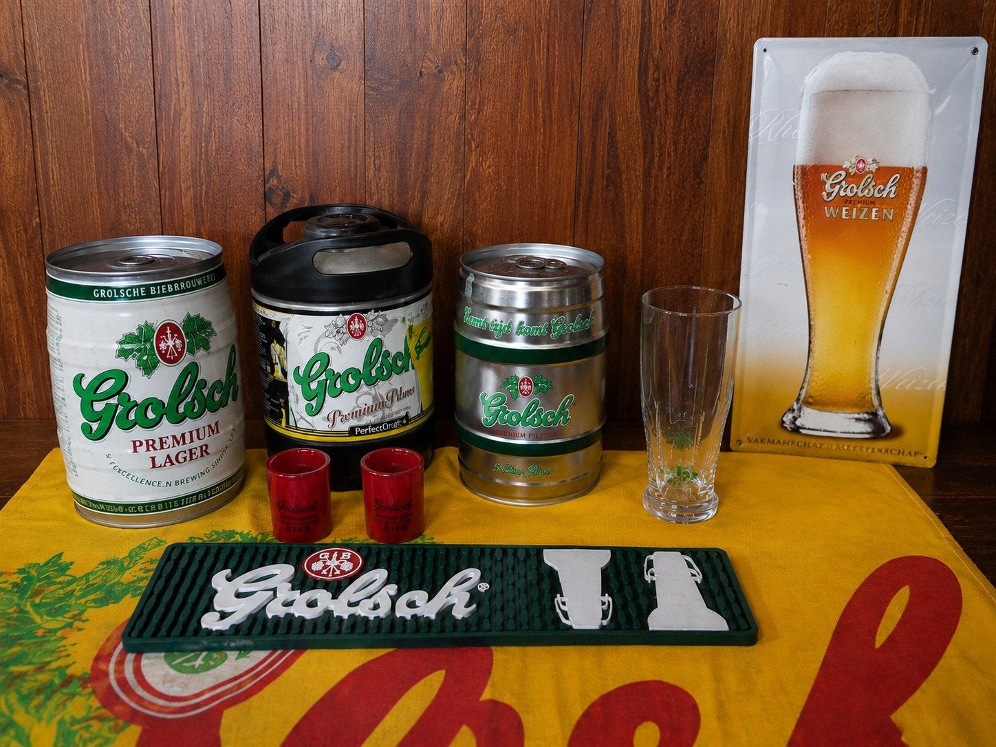 Grolsch spullen, vlag, fusten, glazen, barmat, wandbor, Ophalen of Verzenden, Reclamebord, Plaat of Schild, Grolsch