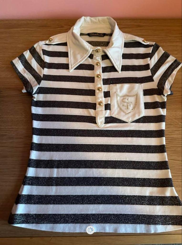 2 gestreepte shirts (S) met glitter - zgan, Zwart, Ophalen of Verzenden, Zo goed als nieuw, Korte mouw